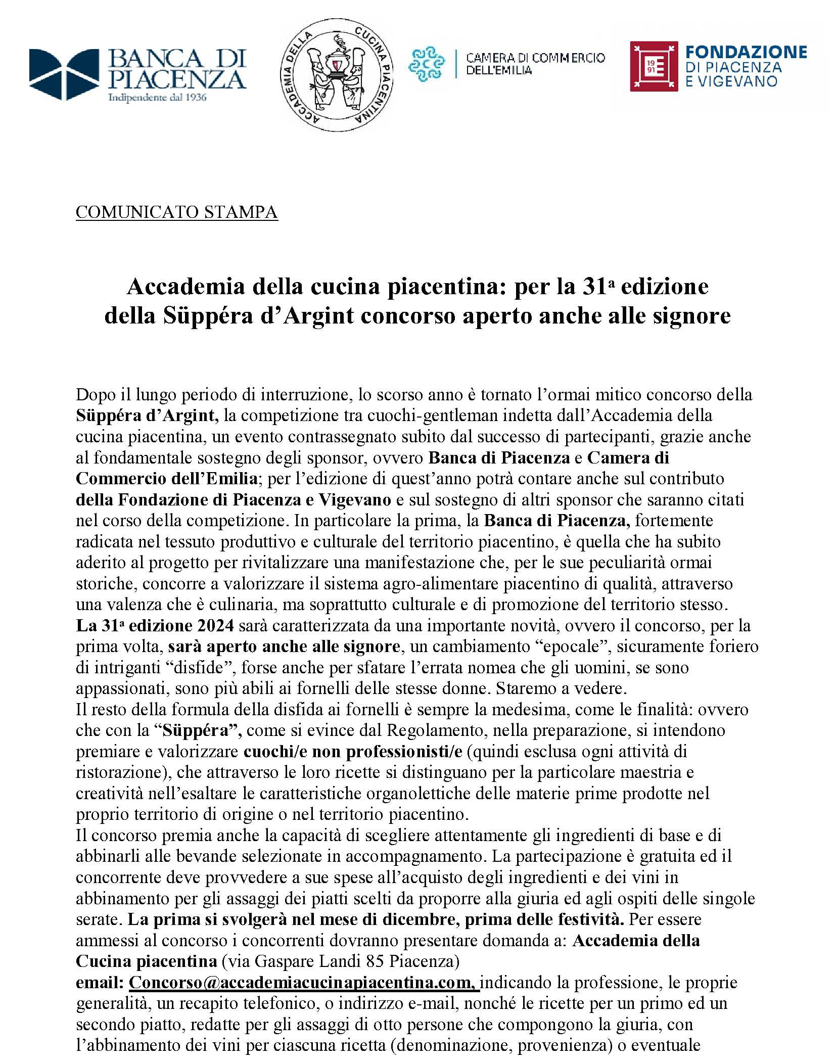 Accademia della cucina piacentina: per la 31ͣ  edizione della Süppéra d'Argint concorso aperto anche
