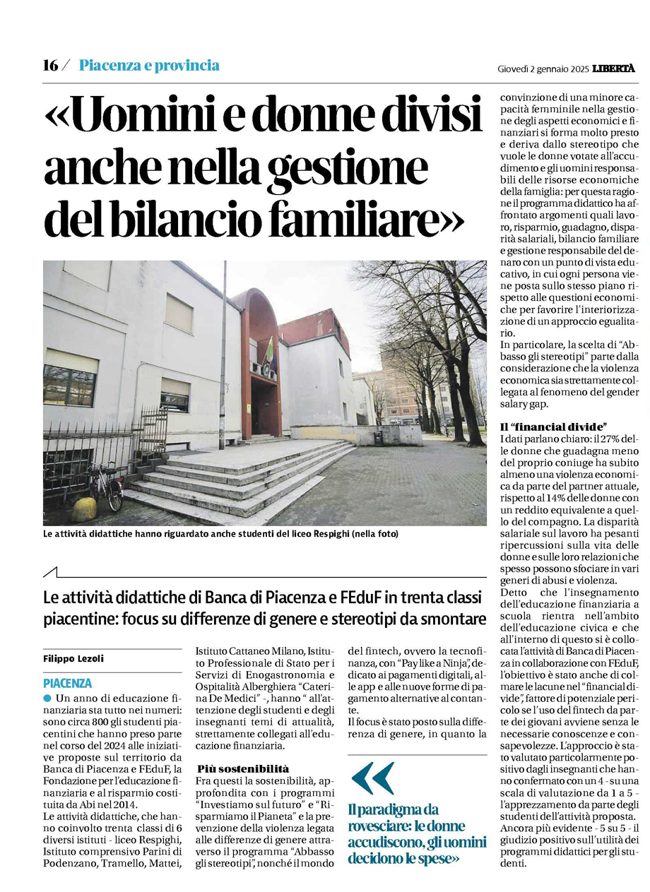 EDUCAZIONE FINANZIARIA NELLE SCUOLE PIACENTINE GRAZIE A BANCA E FEDUFF
