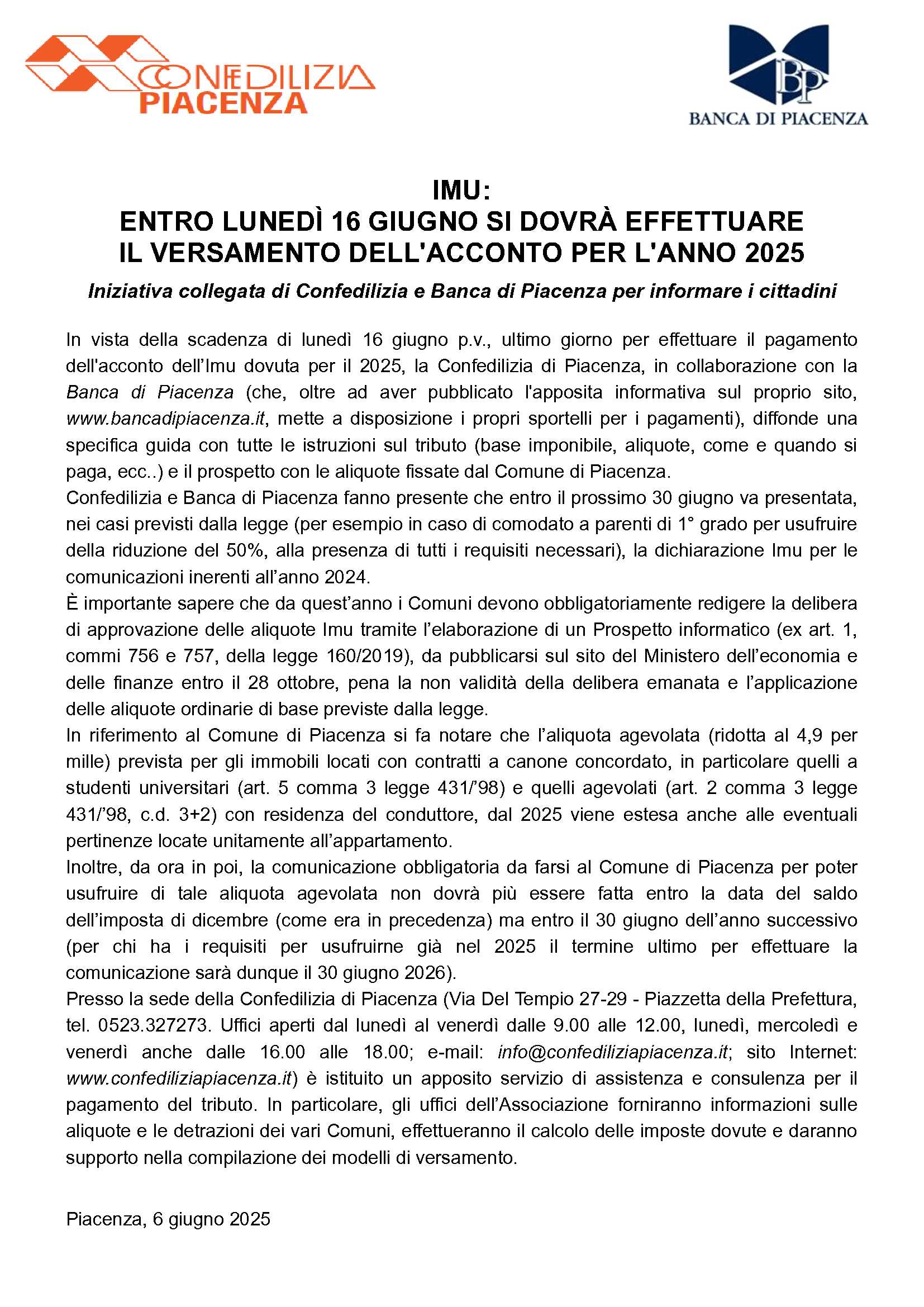 COMUNICATO Scadenza Imu 16 giugno 2025 Confedilizia-Banca di Piacenza